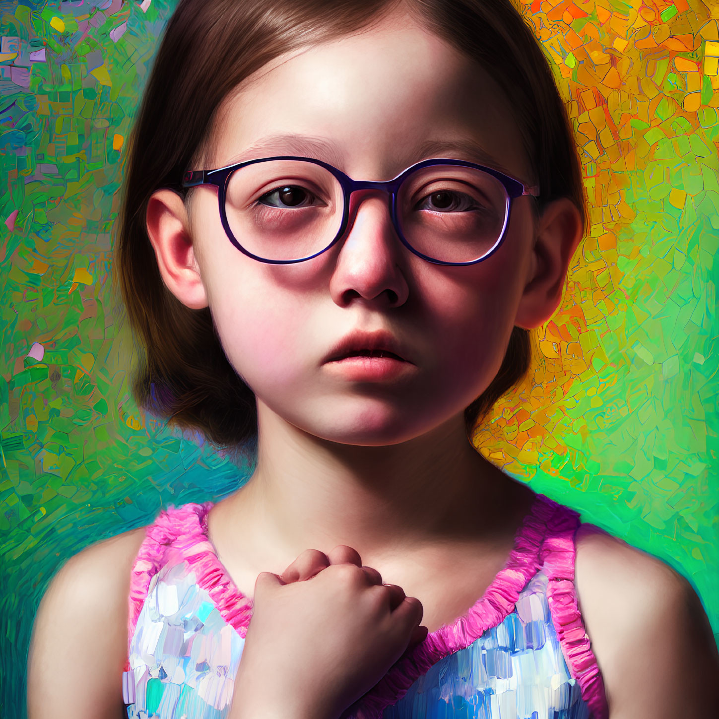 Young girl in colorful dress with glasses against vibrant mosaic background