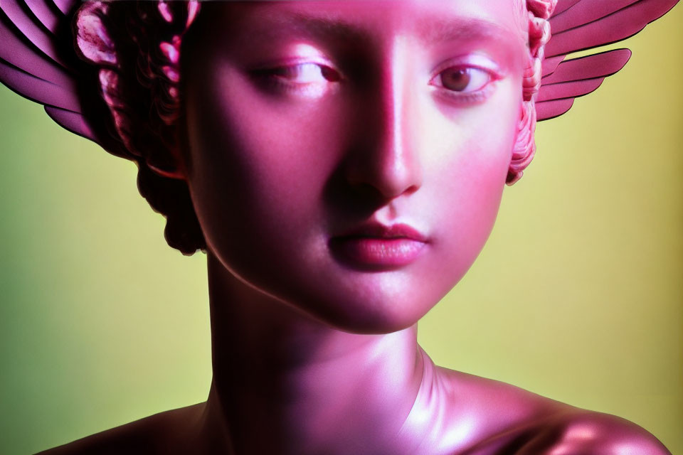 Classical statue's face with red-pink and green-yellow hues