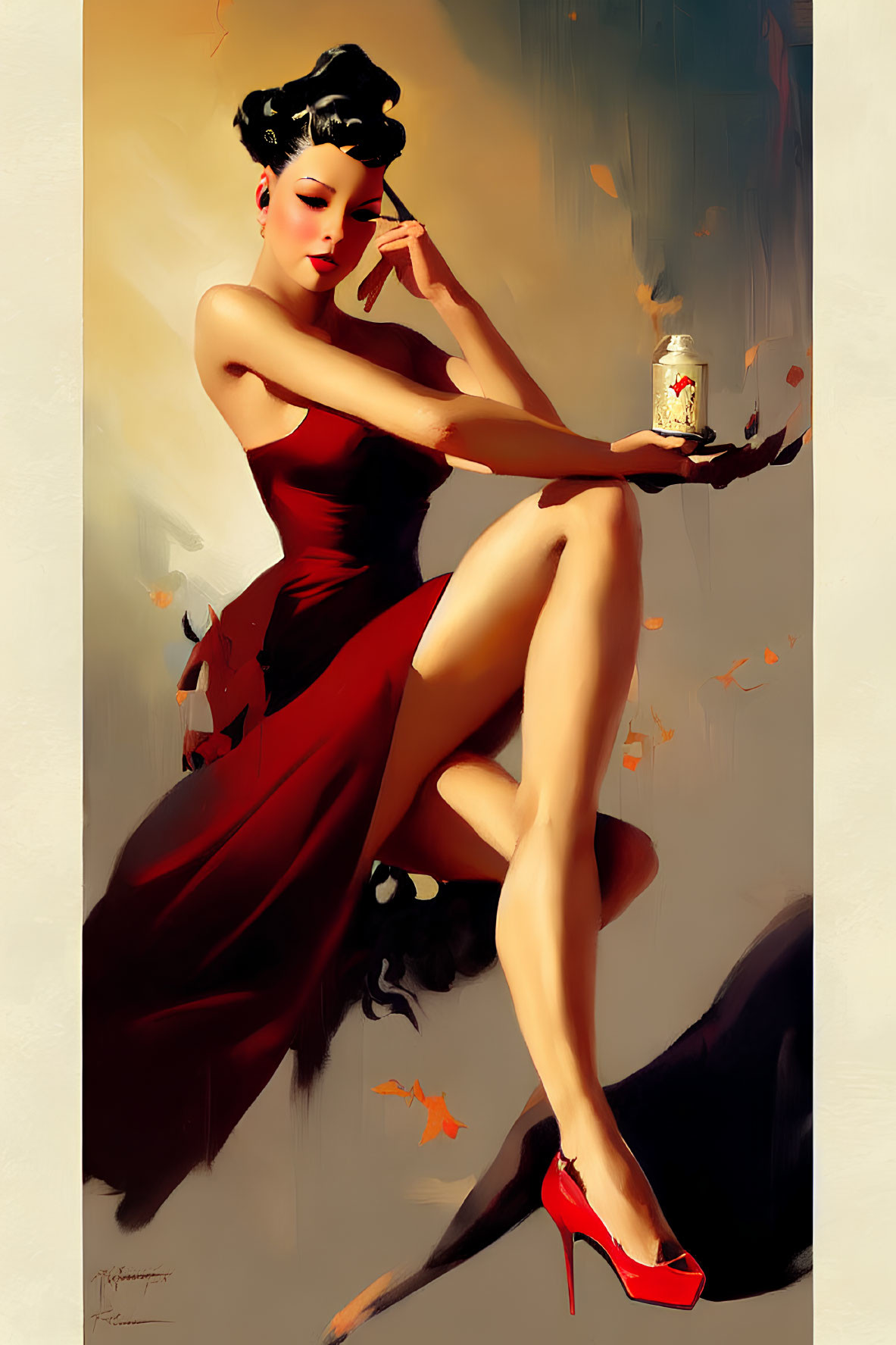 Stylized illustration of woman in red dress with beverage
