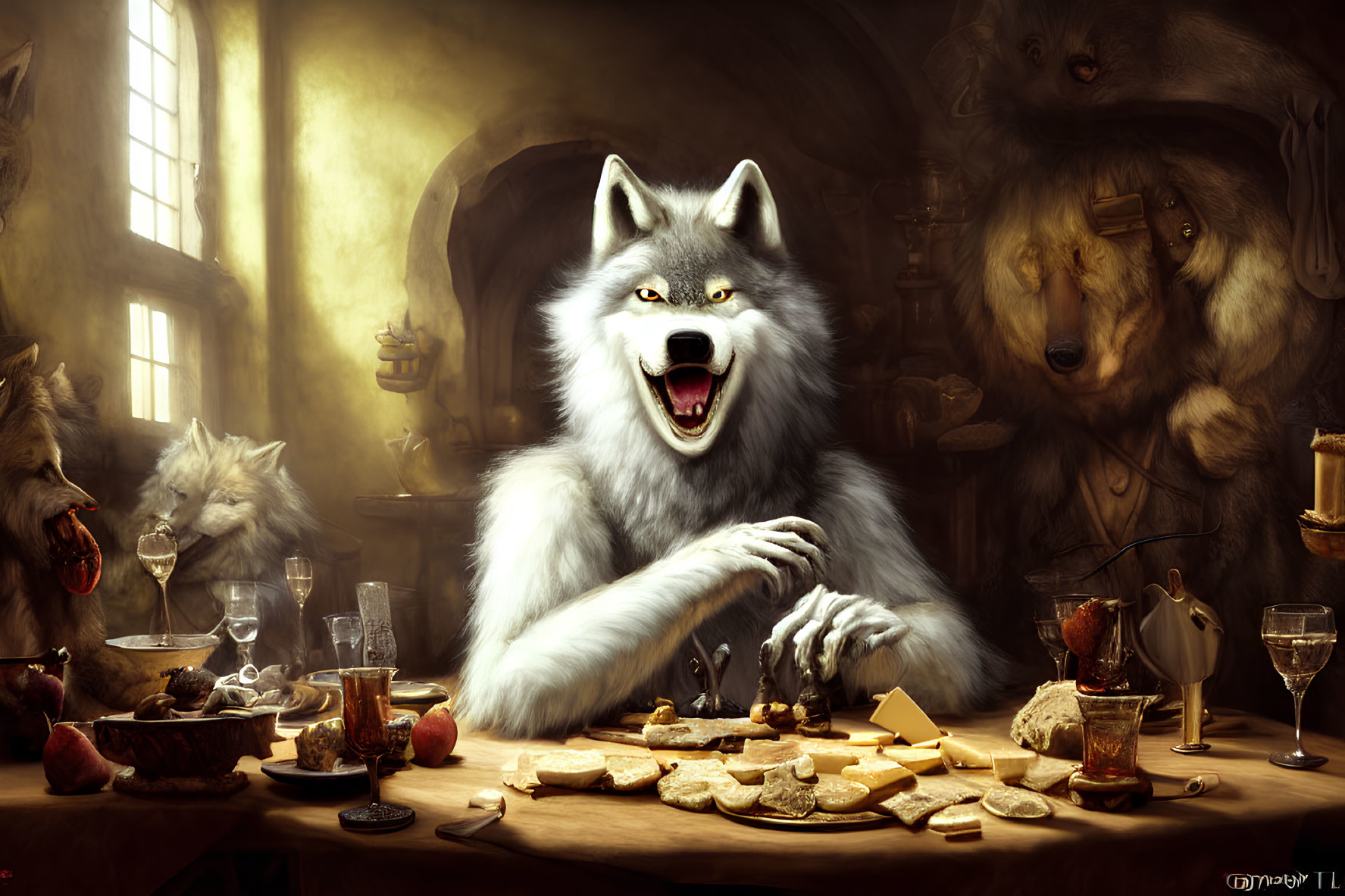 Anthropomorphic wolf with blue eyes at medieval feast table