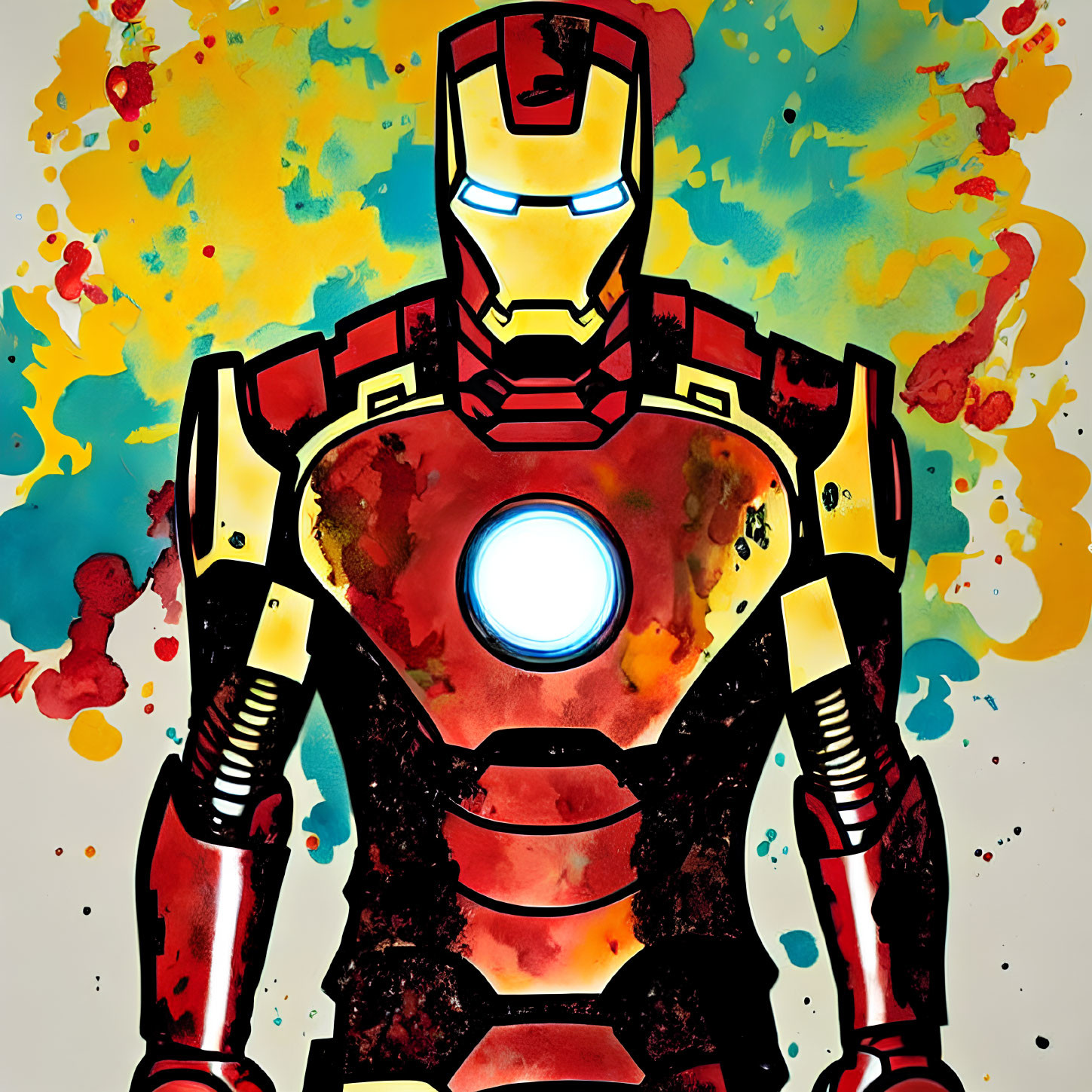Vibrant Iron Man artwork with splattered paint background and chest reactor focus