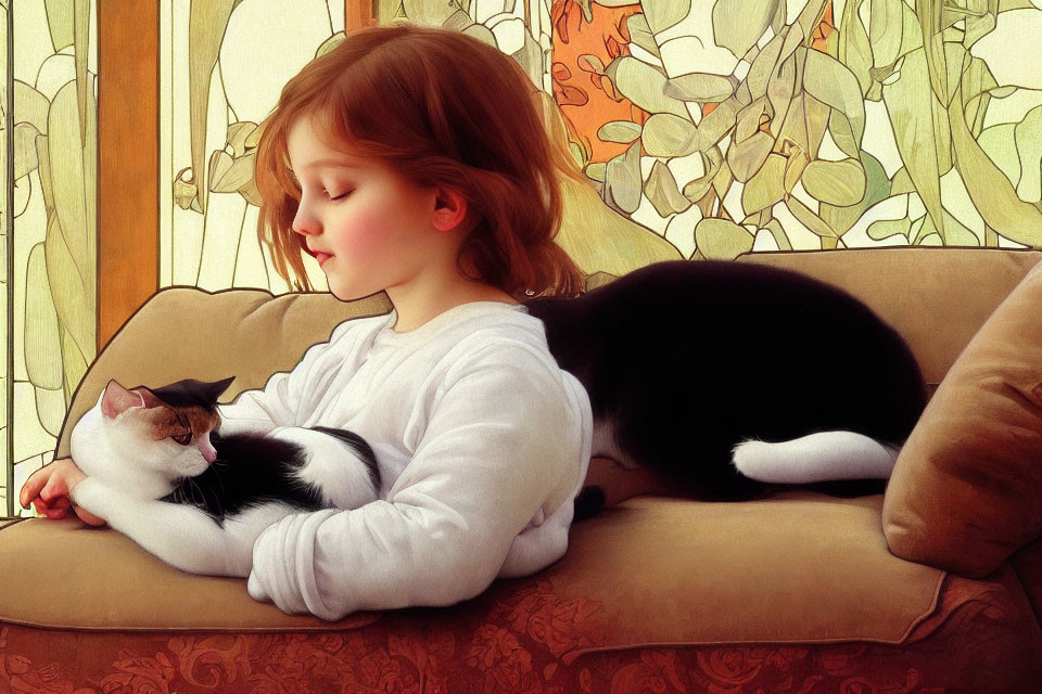 Young girl in white sweater cuddles black and white cat on cozy couch with sunlight and floral curtains.