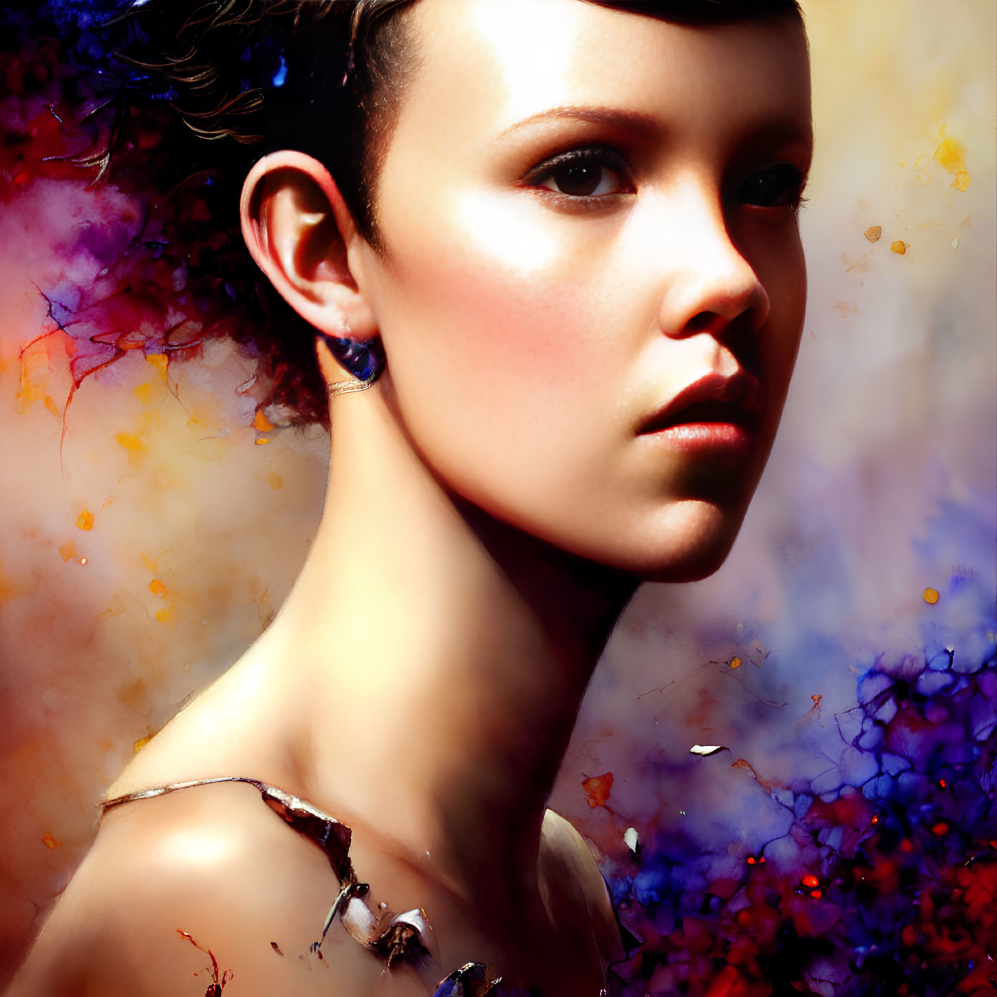 Portrait of Person with Short Hair Against Colorful Abstract Background