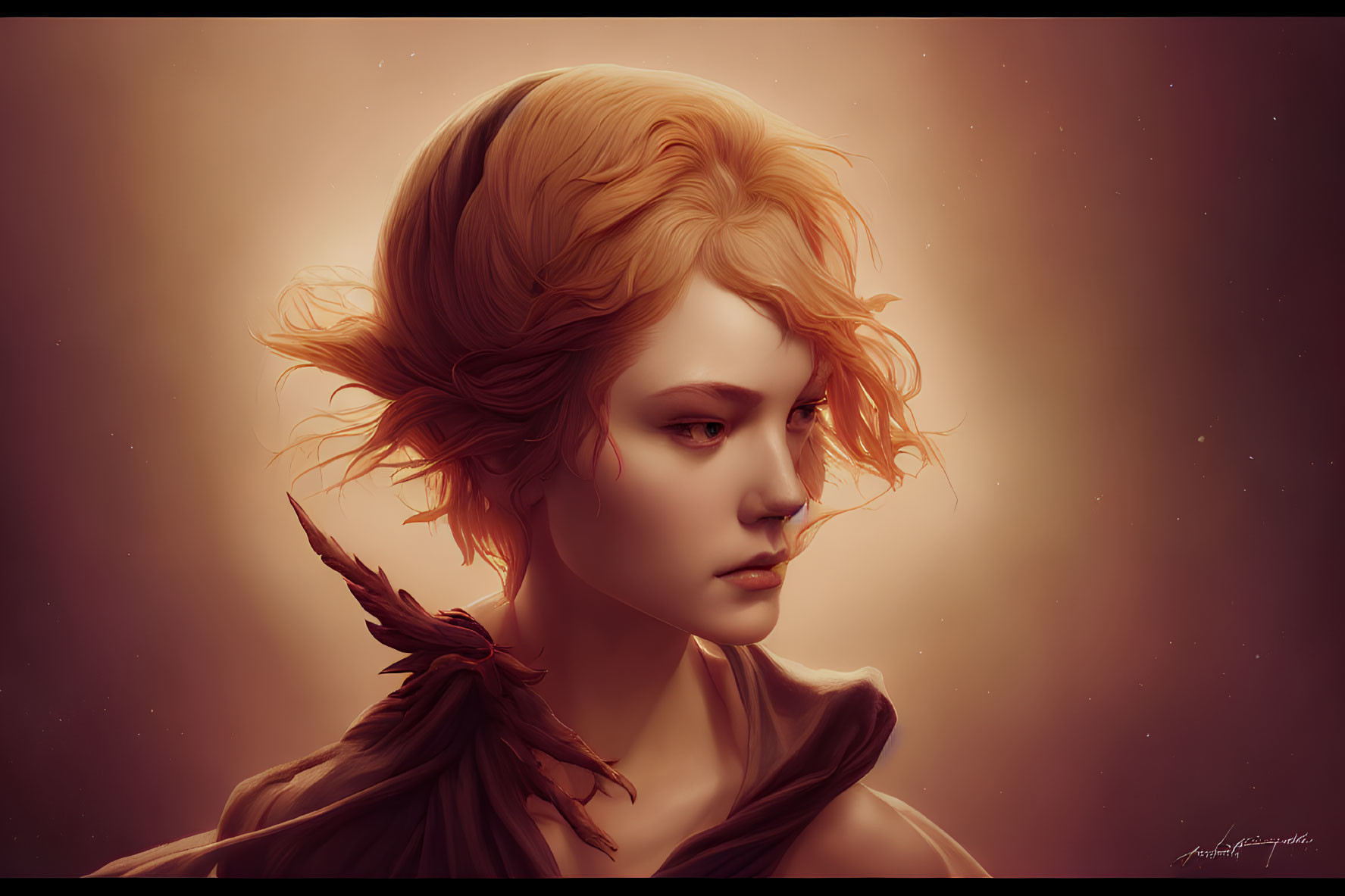 Striking ginger hair and feather adornment against warm backdrop