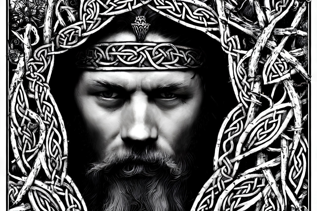 Monochrome artistic portrait of stern-faced man with beard and Celtic headband surrounded by intricate knotwork patterns