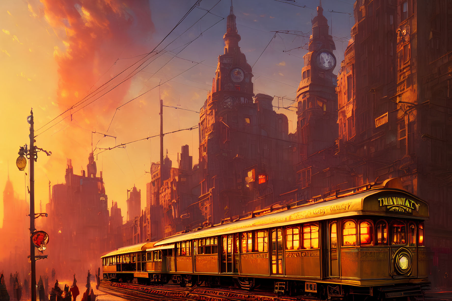 Vintage tram in bustling city with ornate buildings at sunset