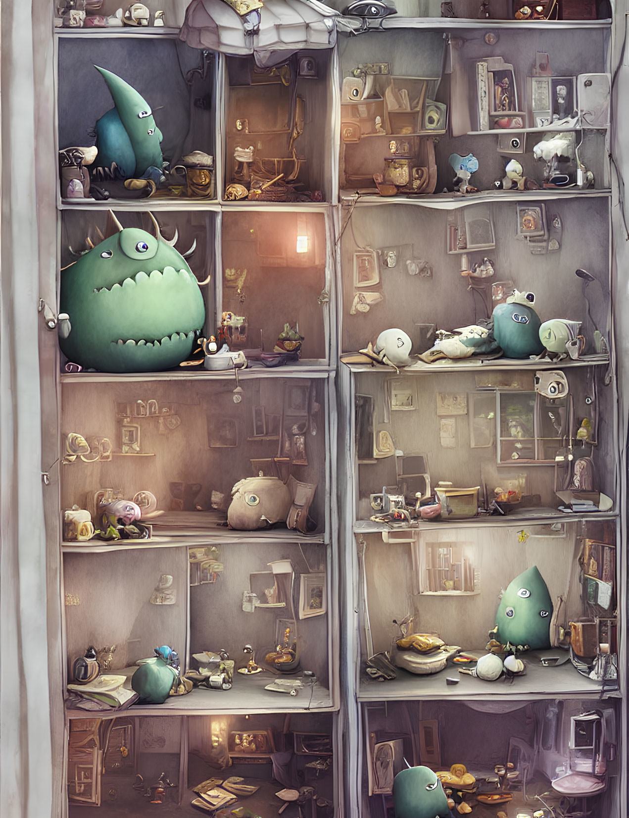 Illustrated multi-story building cutaway with green creatures in whimsical scenes