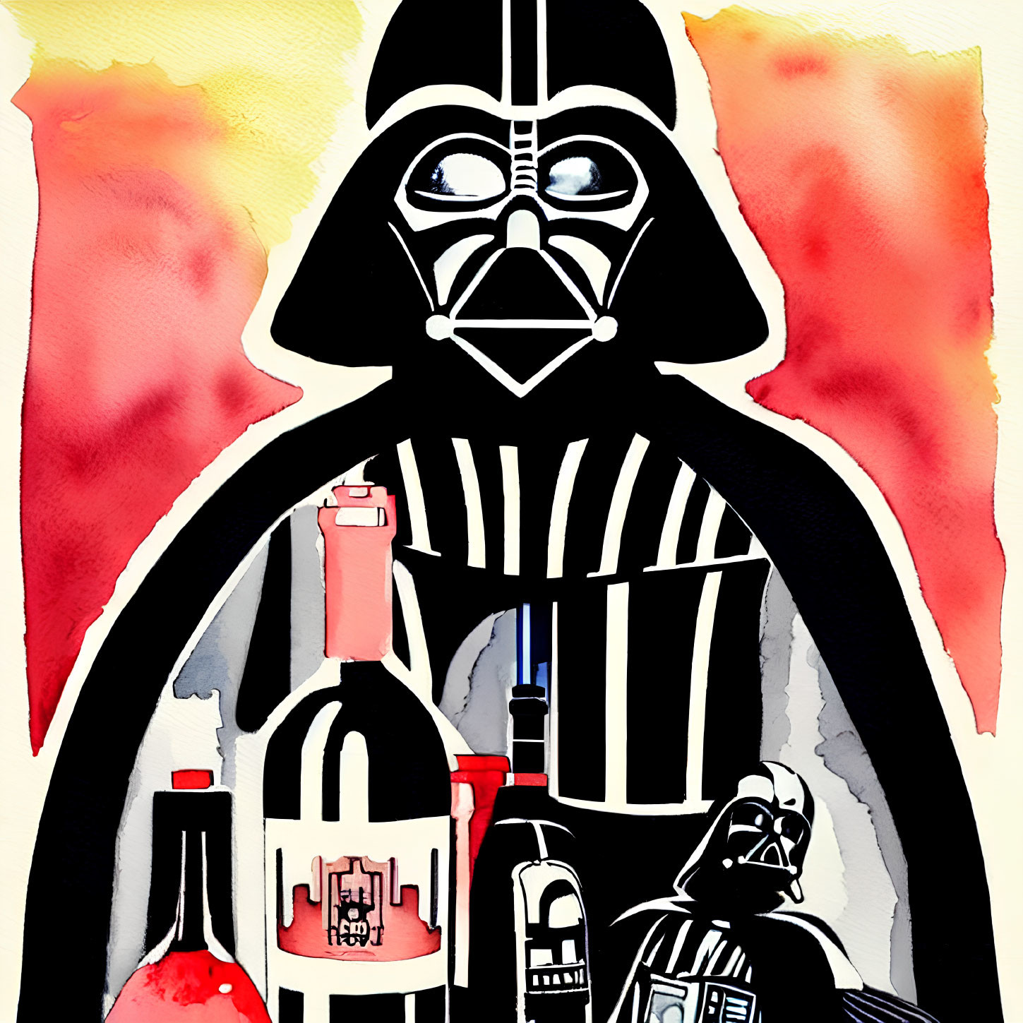 Watercolor and Ink Illustration of Darth Vader Surrounded by Wine Bottles