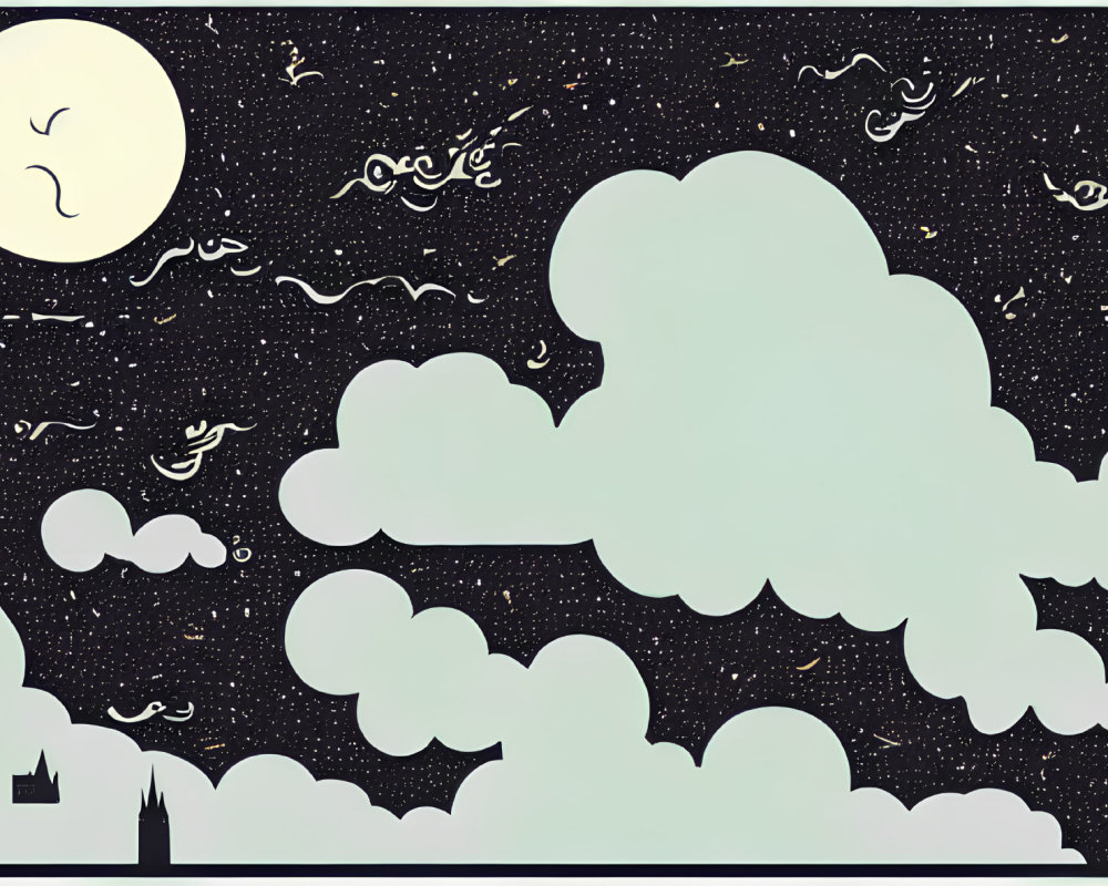 Stylized night sky illustration with moon, stars, clouds, squiggles, and circles