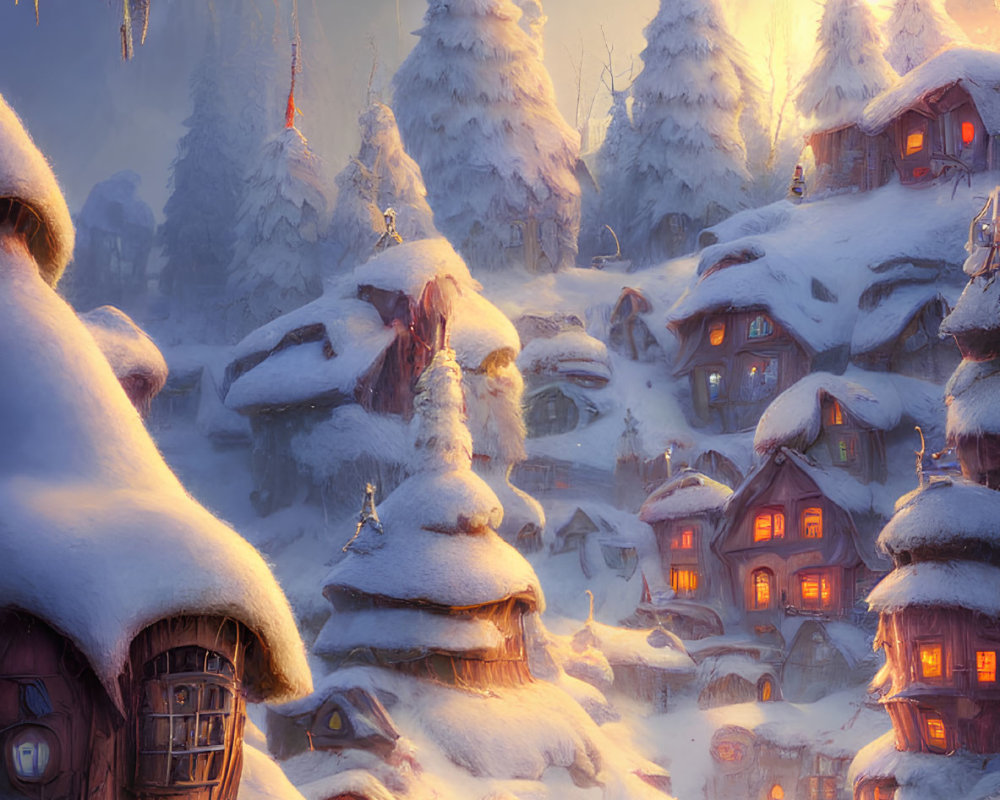 Snow-covered cottages in serene winter village scene.
