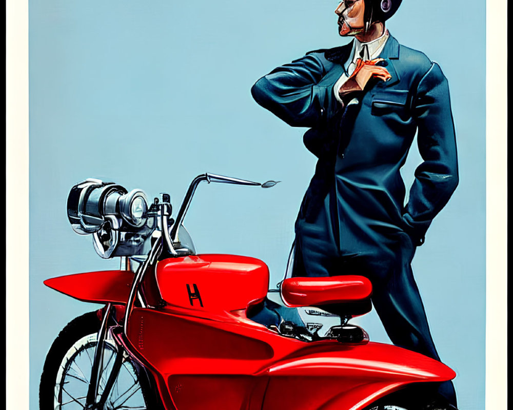 Vintage-style poster with man in blue uniform leaning on red motorcycle - "HOOAI" above