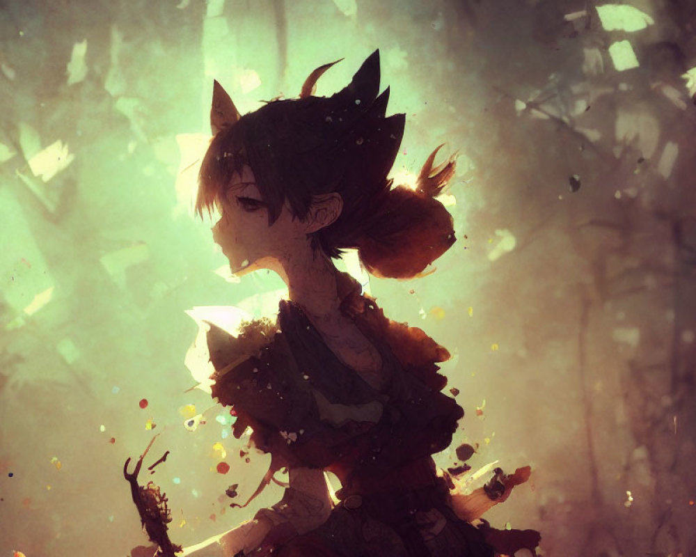Whimsical character with animal ears in golden leaf setting