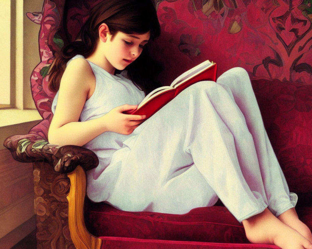 Young girl reading book on red sofa in blue top and white pants