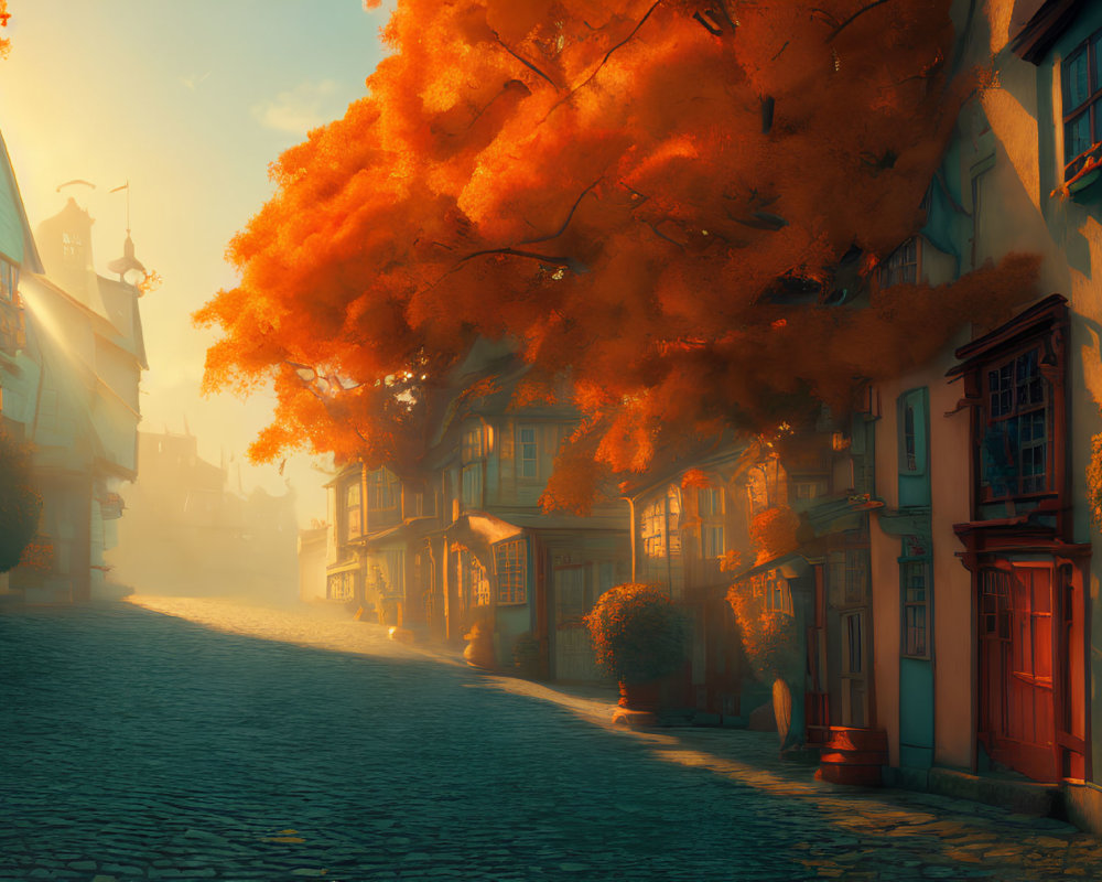 Charming cobblestone street with old houses and orange trees at sunrise