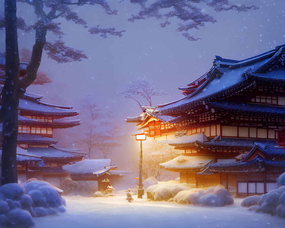 Snowy Japanese buildings with lanterns and snow-covered trees at dusk