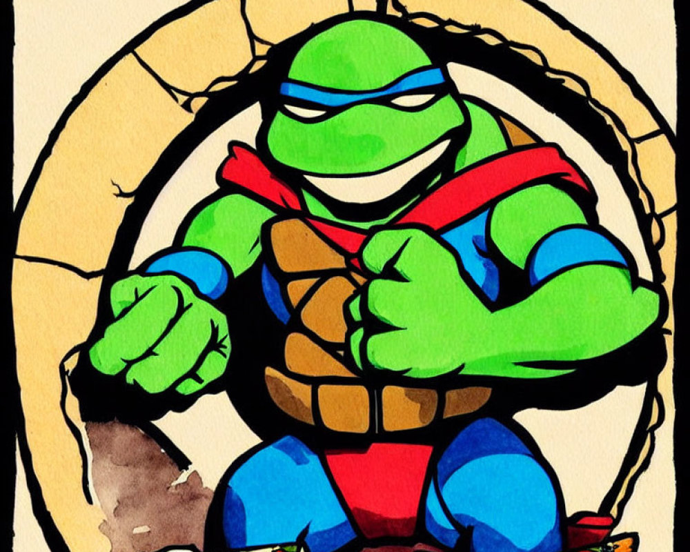 Green anthropomorphic turtle with red mask holding pizza in bold outlined watercolor illustration