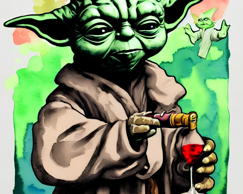 Colorful Yoda illustration with lightsaber and red liquid.