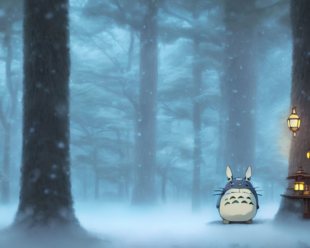 Snow-covered forest scene with animated creature and streetlamp
