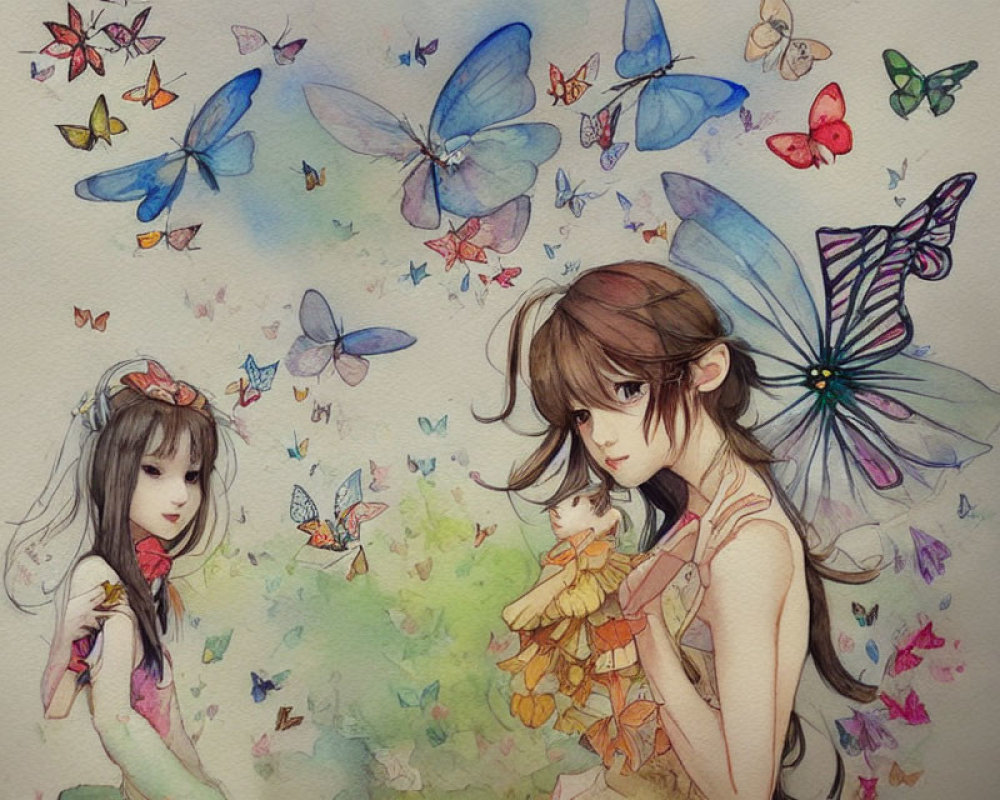 Whimsical artwork: Two girls with butterflies
