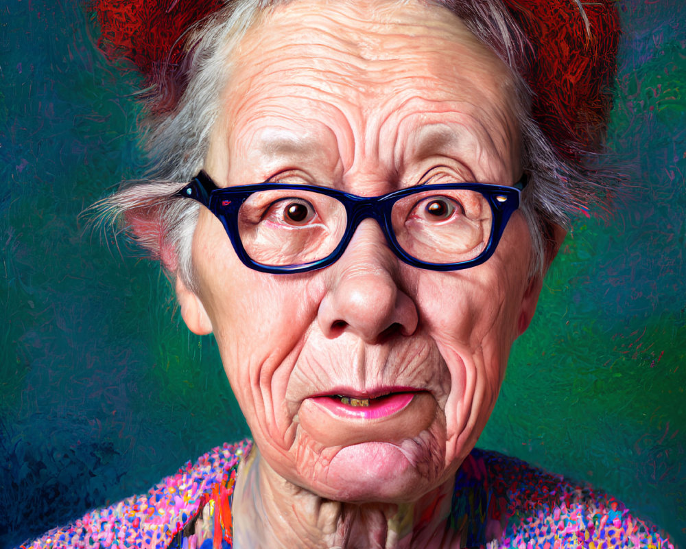 Elderly woman with red hair and glasses on colorful background