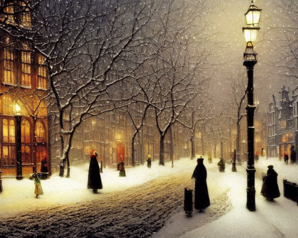 Vintage cityscape with people in period attire on snowy evening