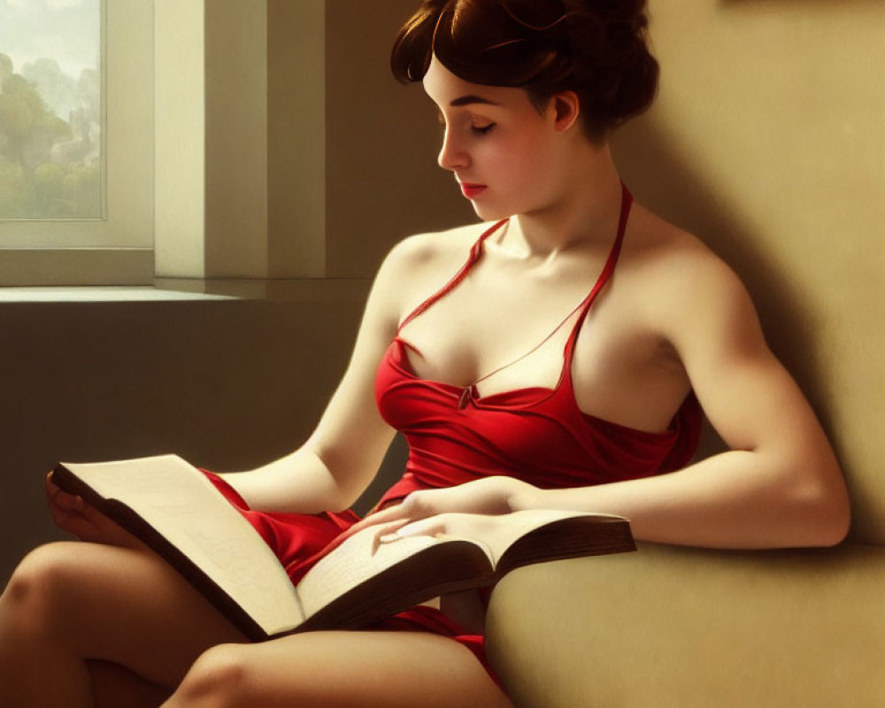 Woman in Red Dress Reading Book in Soft Light