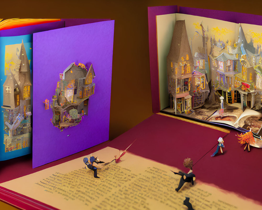 Colorful pop-up book depicts magical scene with whimsical duel