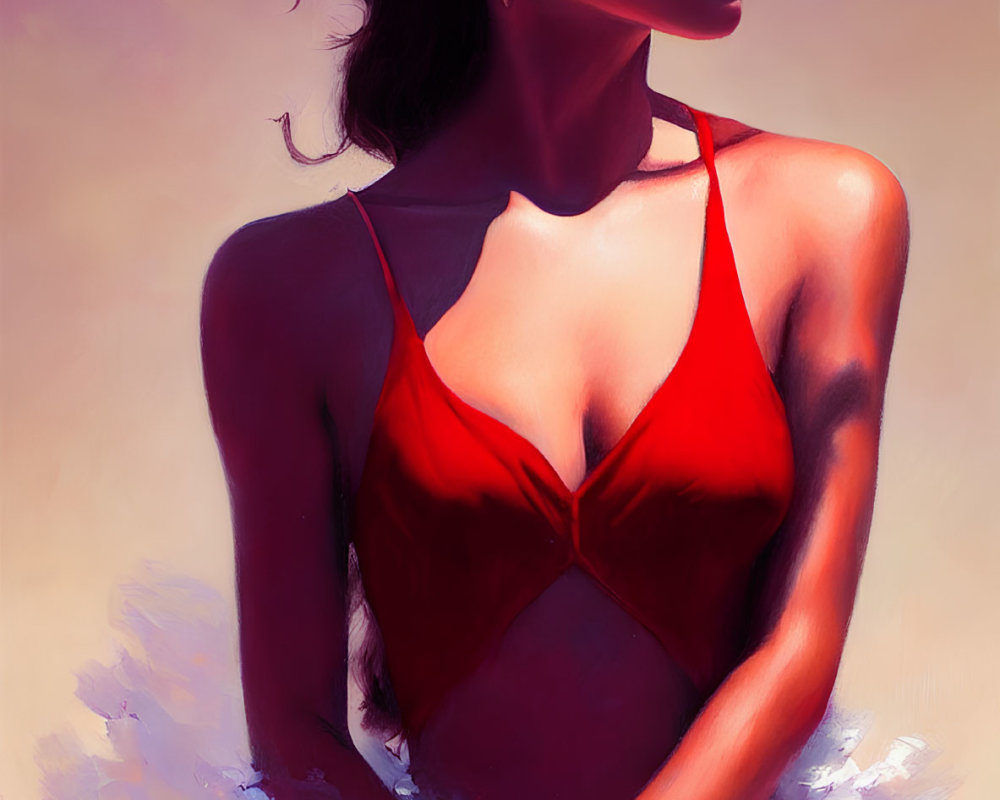 Woman in Red Swimsuit with Wistful Expression and Tousled Hair