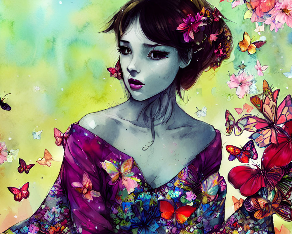 Colorful illustration: Woman with floral hair and butterflies