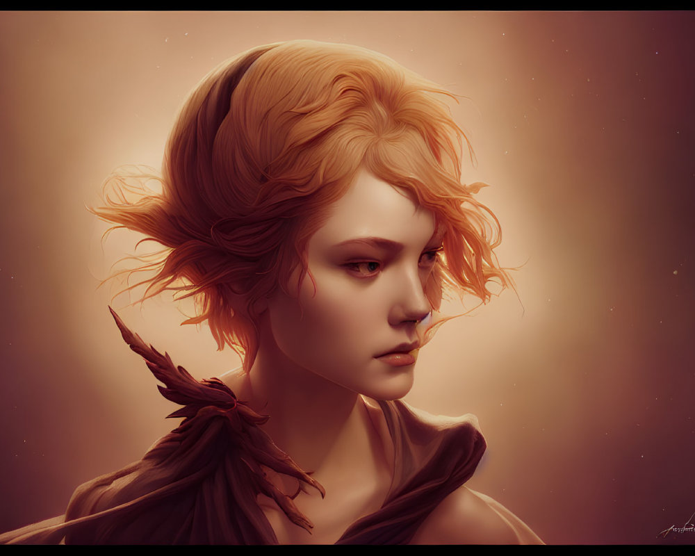 Striking ginger hair and feather adornment against warm backdrop