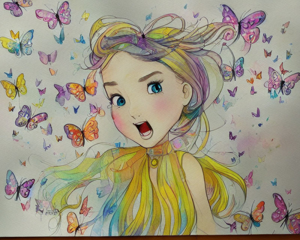 Vibrant illustration of joyful girl with whimsical hair and butterflies