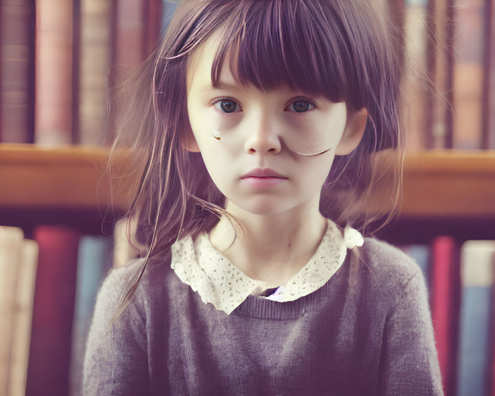 Young girl with oxygen tube in front of colorful bookshelf