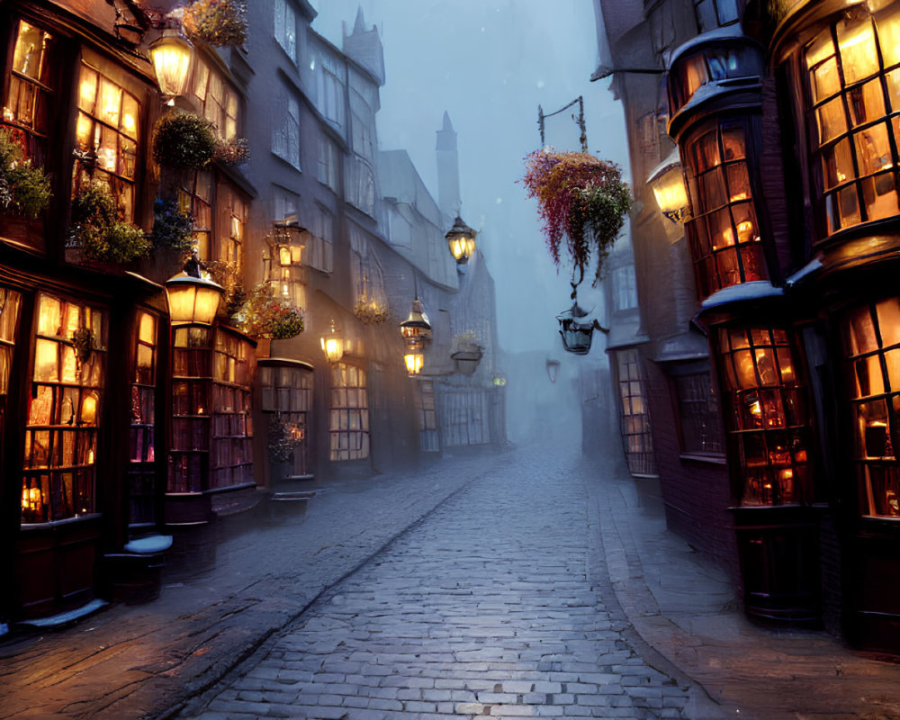 Misty cobblestone street with hanging flower baskets and warm streetlamps