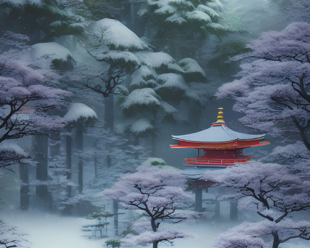 Snowy Cherry Blossom Pagoda Scene with Historical Figures