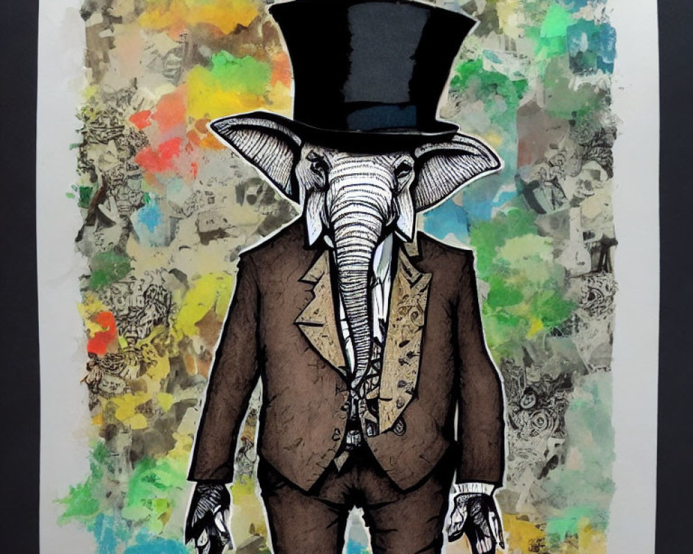 Elephant Head on Human Body in Formal Attire on Colorful Abstract Background