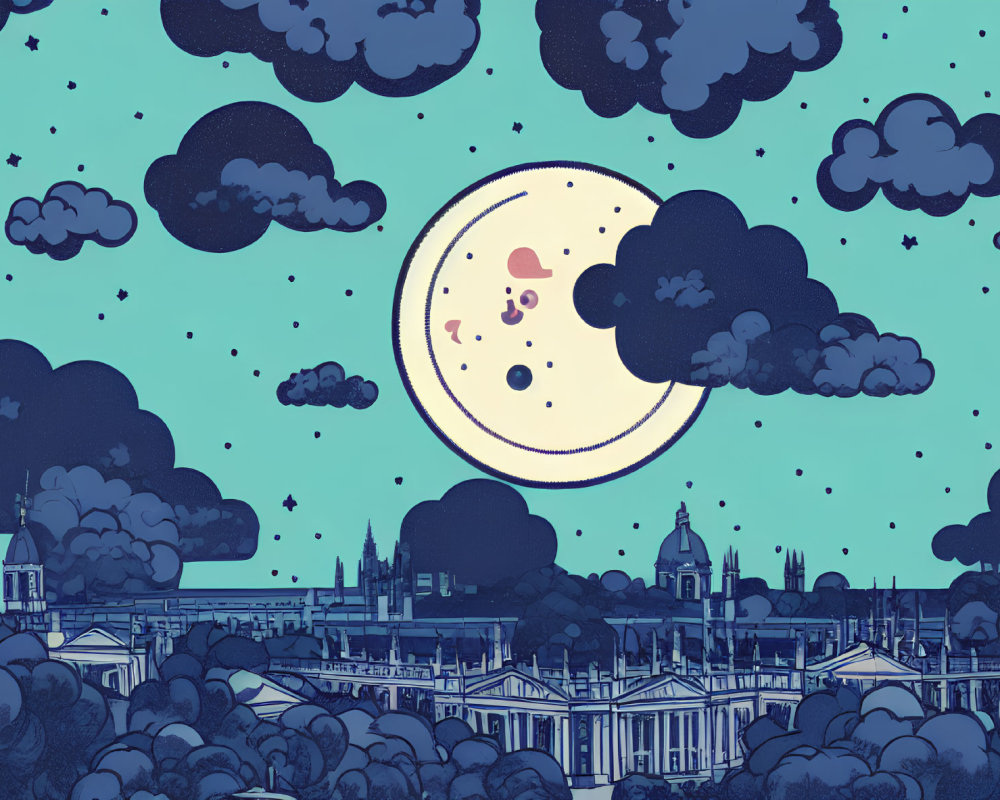 Illustrated night scene with full moon, stars, clouds, and cityscape.