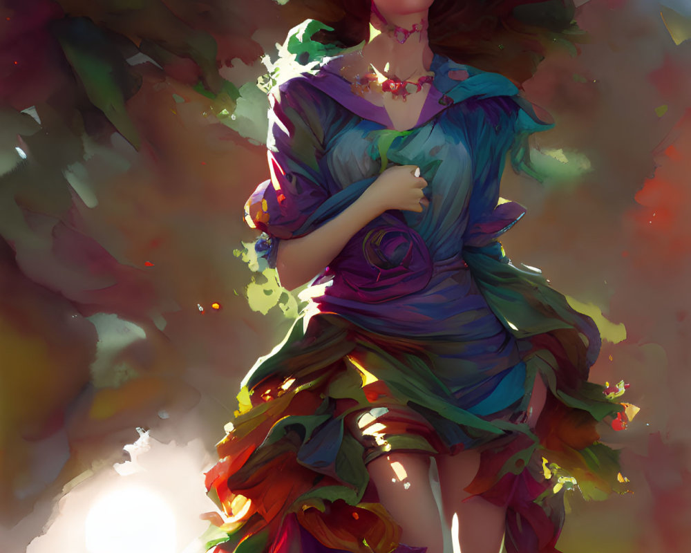 Colorful digital painting of woman in leaf and petal-like garments with sunlight.