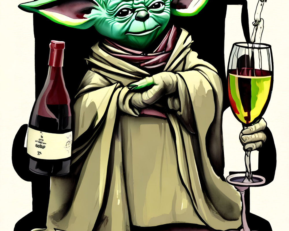 Green alien with wine glass & bottle, sophisticated vibe