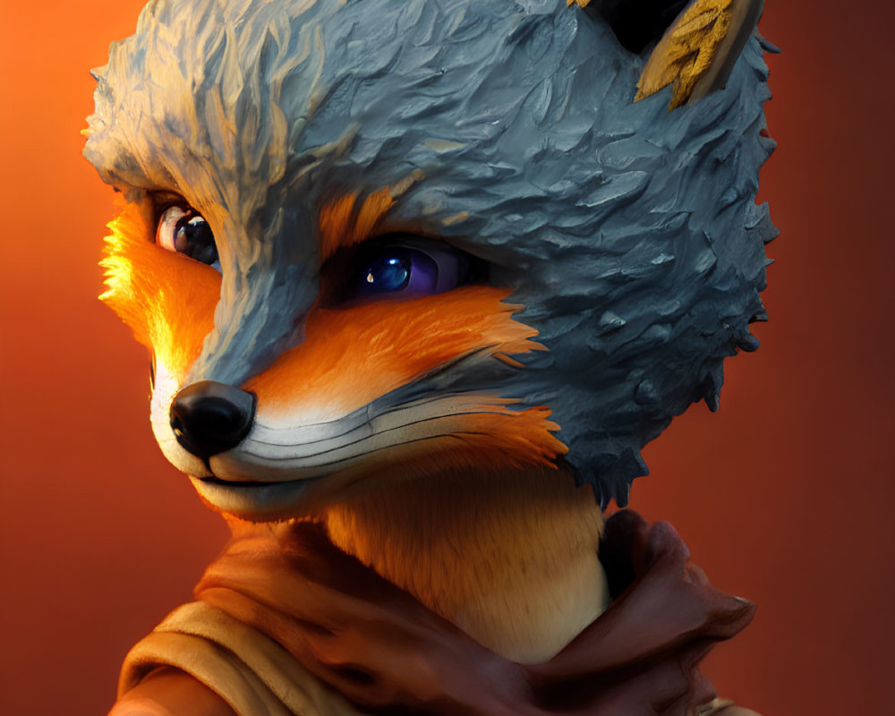 Detailed digital portrait of anthropomorphic fox character in brown jacket on warm orange background