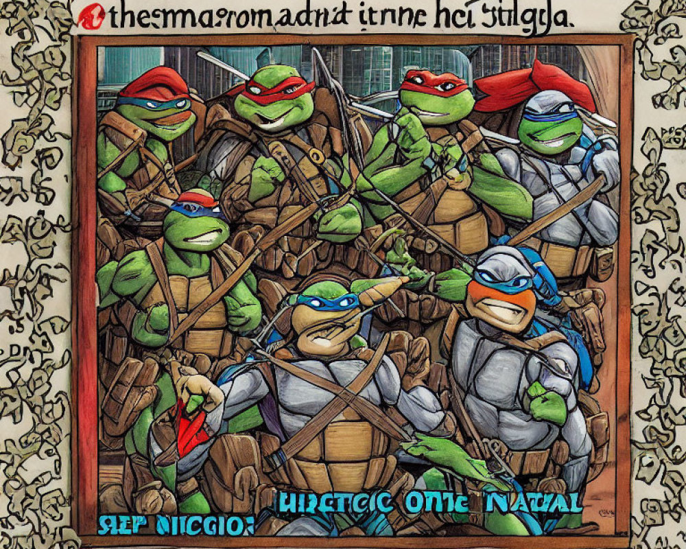 Four Teenage Mutant Ninja Turtles with Weapons in Ornate Border and Fictional Script