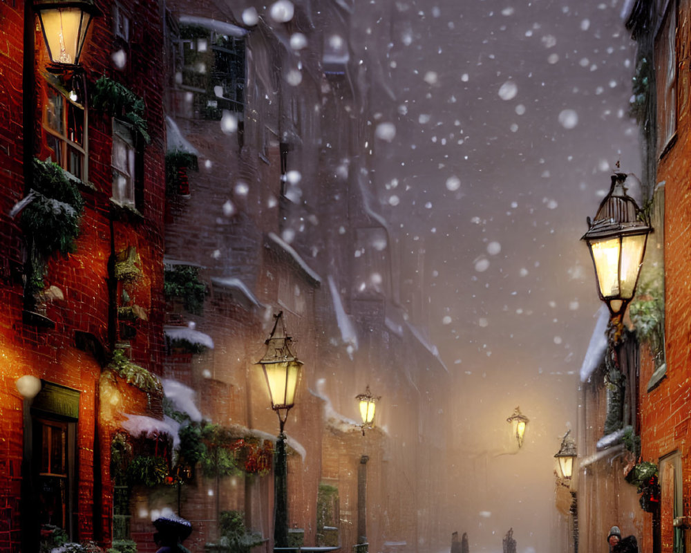 Person in dark cloak walks snowy cobblestone street at night