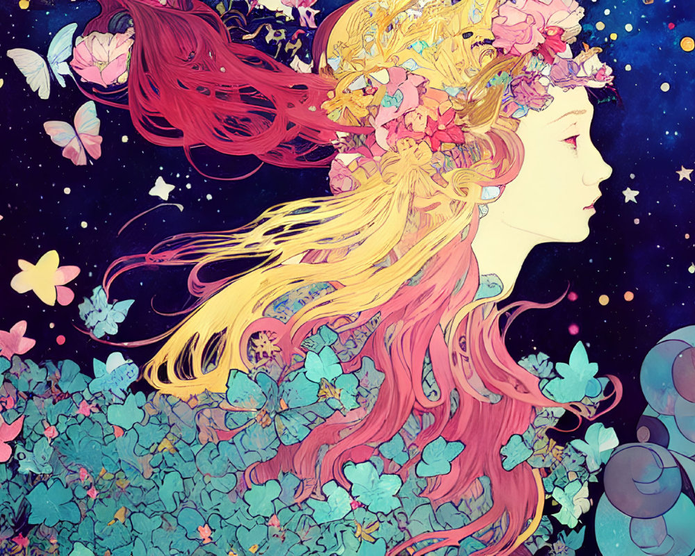 Colorful illustration of woman with red hair and butterflies on starry backdrop