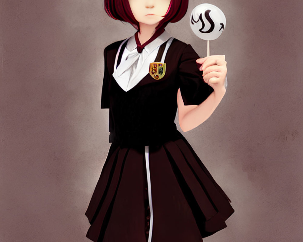 Anime-style girl with short red hair in black school uniform holding coffee cup cutout