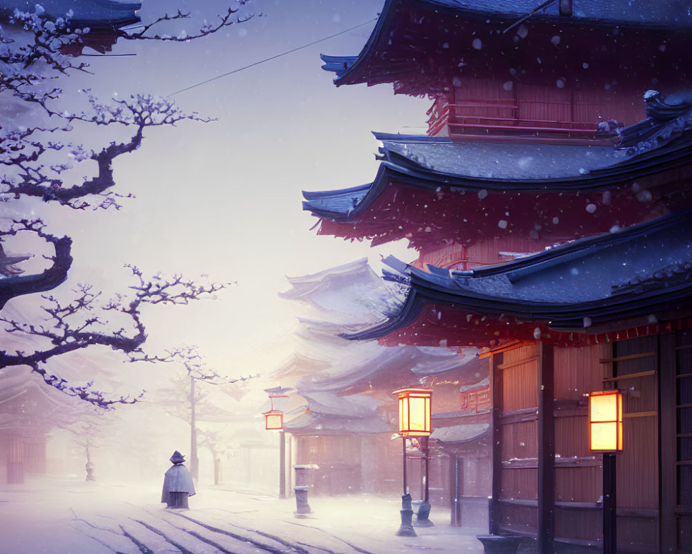 Snow-covered Japanese street with lanterns and solitary figure in white attire