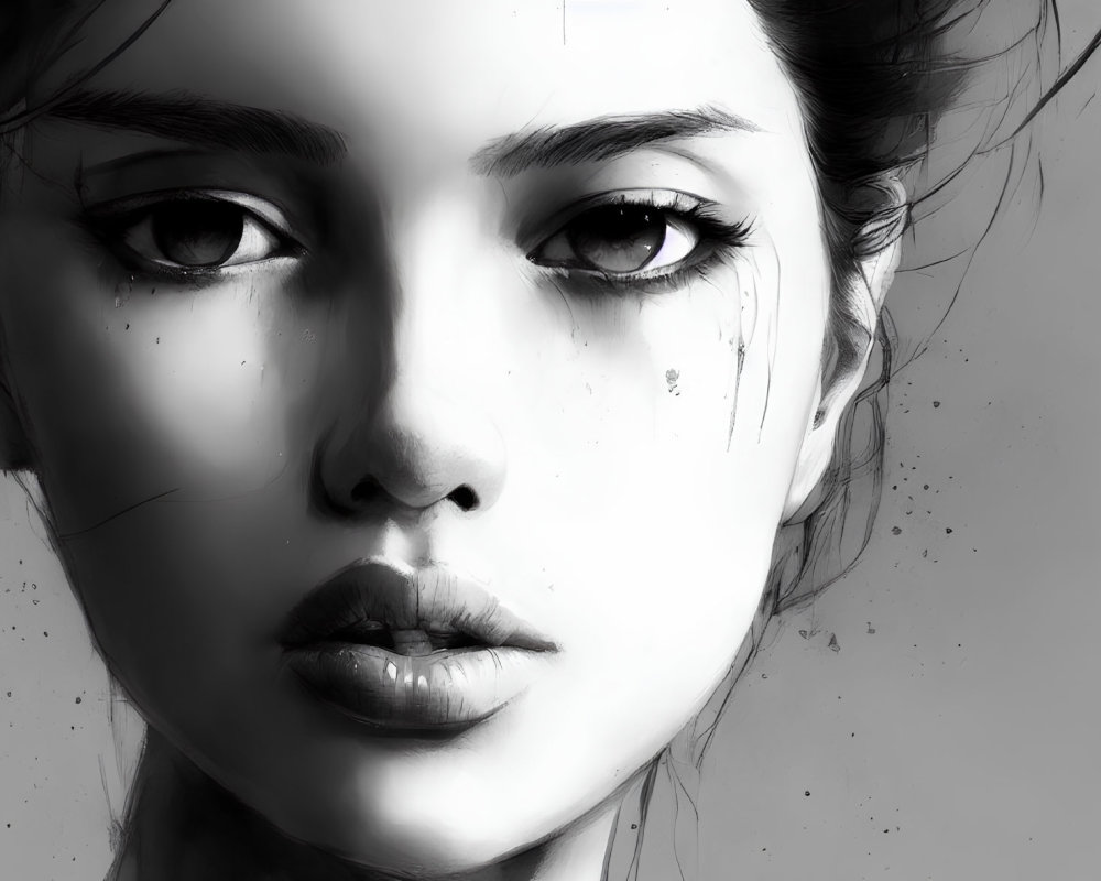 Detailed monochromatic digital art of a woman's face with expressive eyes and paint splatters