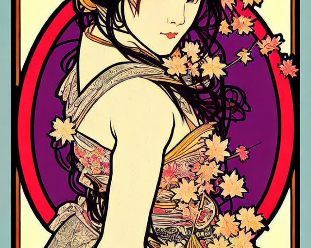 Traditional Japanese woman illustration with autumn leaves in hair on crimson background