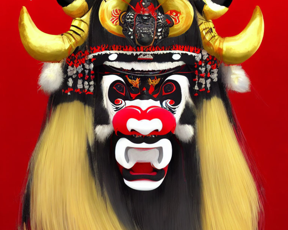 Vibrant Stylized Ox Illustration with Red & White Mask