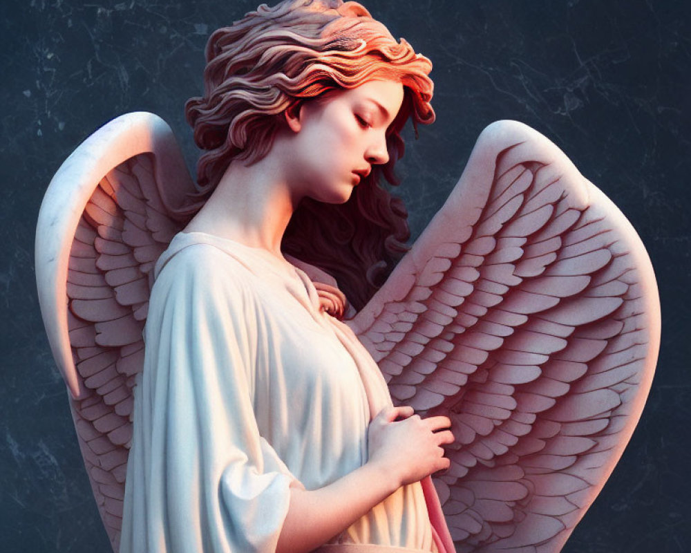 Detailed 3D angel render with feathered wings and red hair on dark background