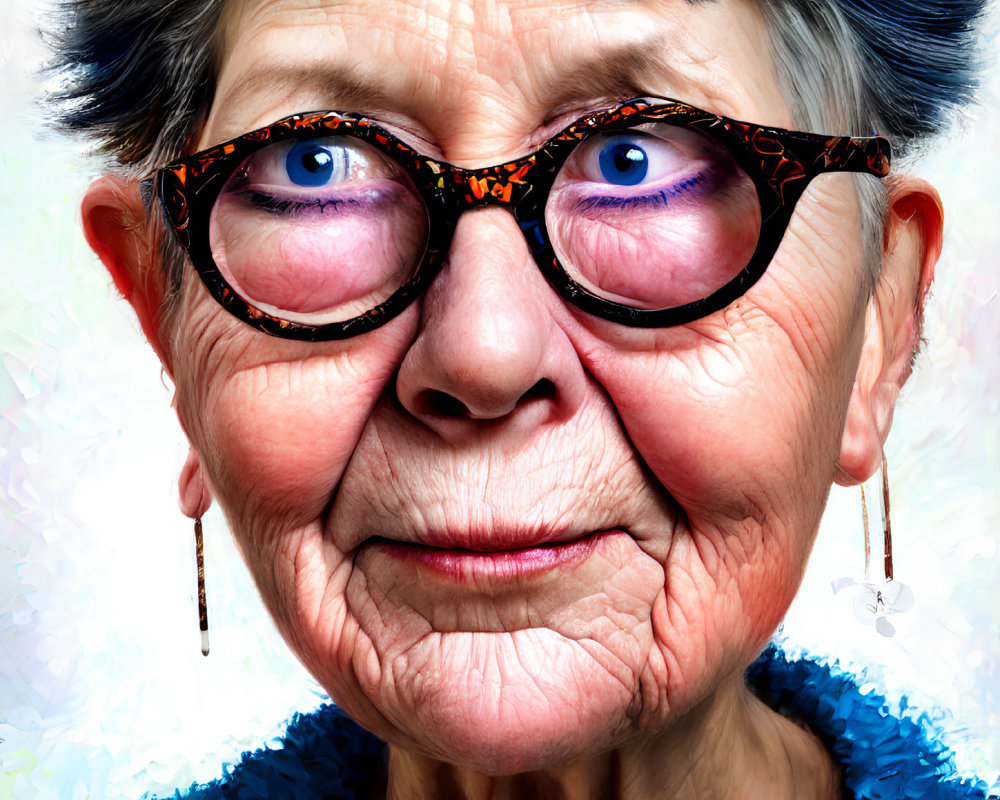 Elderly woman with blue eyes in leopard print glasses and star earrings