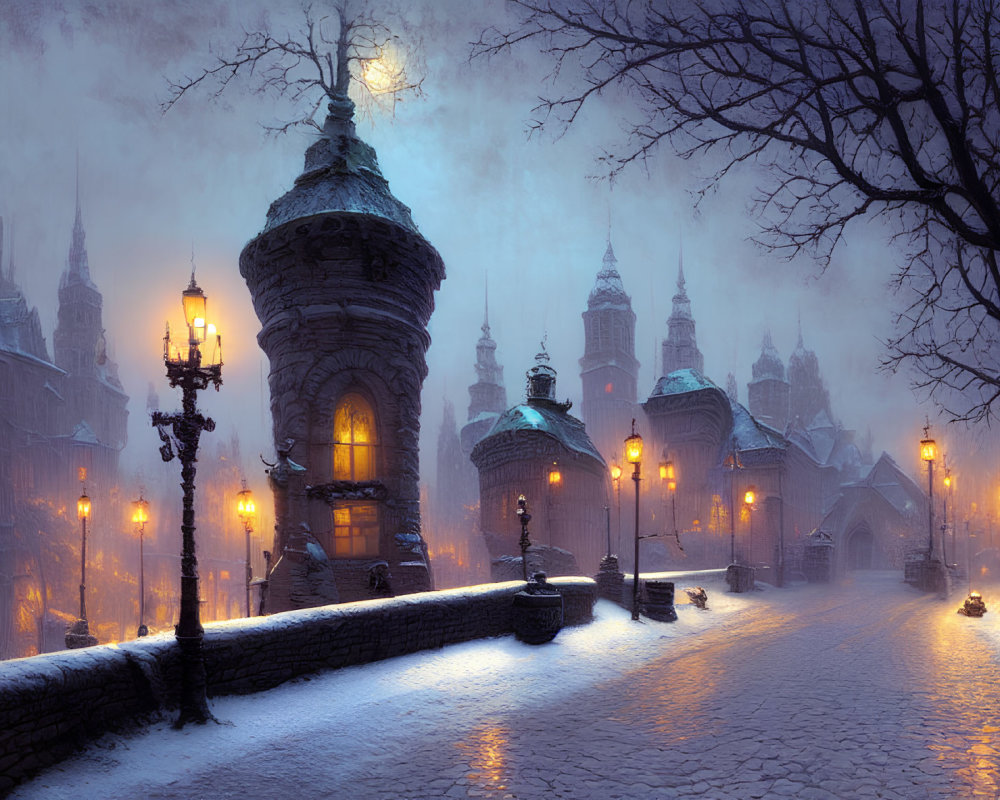 Snowy Evening Scene: Lit Street Lamps, Stone Turret, Old-Fashioned Buildings